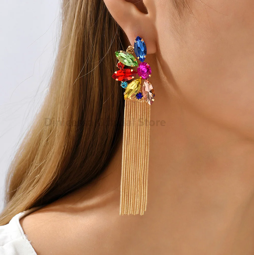 Fashion Flower Shiny Glass Tassel Chain Long Dangle Drop Earrings For Women Trend Luxury Charm Fairy Wedding Party Jewelry Gift