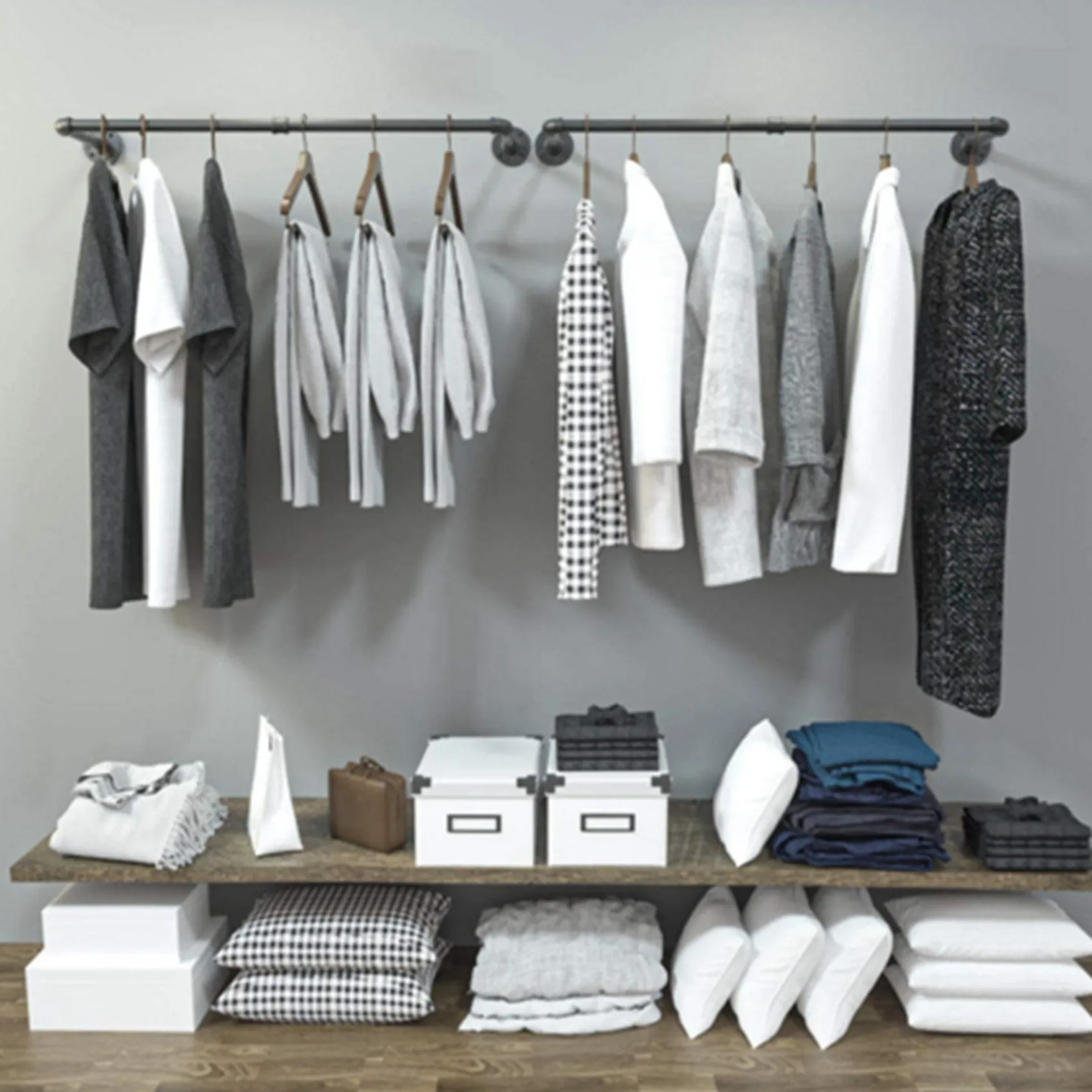 yls-2x-bedroom-garment-rail-detachable-multipurpose-wall-mounted-industrial-pipe-clothes-rack-space-saving-hanging-shelf