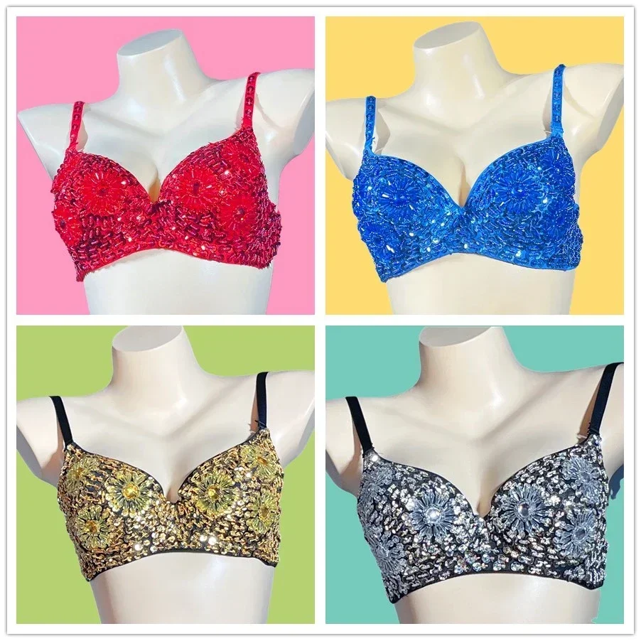 New Beaded Sequins Bras Party Rave Bra Push Up Sexy Women's Belly Dance Costume Bra Top BRA Outfit Nightclub Party Dancer Wear