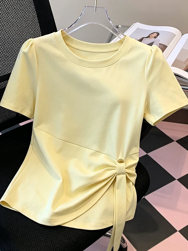 

Summer New plus Size Women's T-shirt Casual round Neck Sleeveless Design Sensation Ribbon Anti-aging Slimming Short Sleeve
