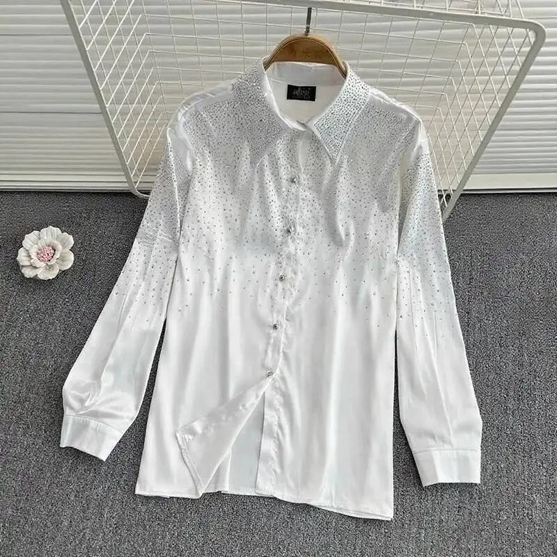

Turn-Down Collar White Shirt With Gradient Rhinestones Women Long Sleeved Shirt Office Ladies' Beautiful Tops Autumn