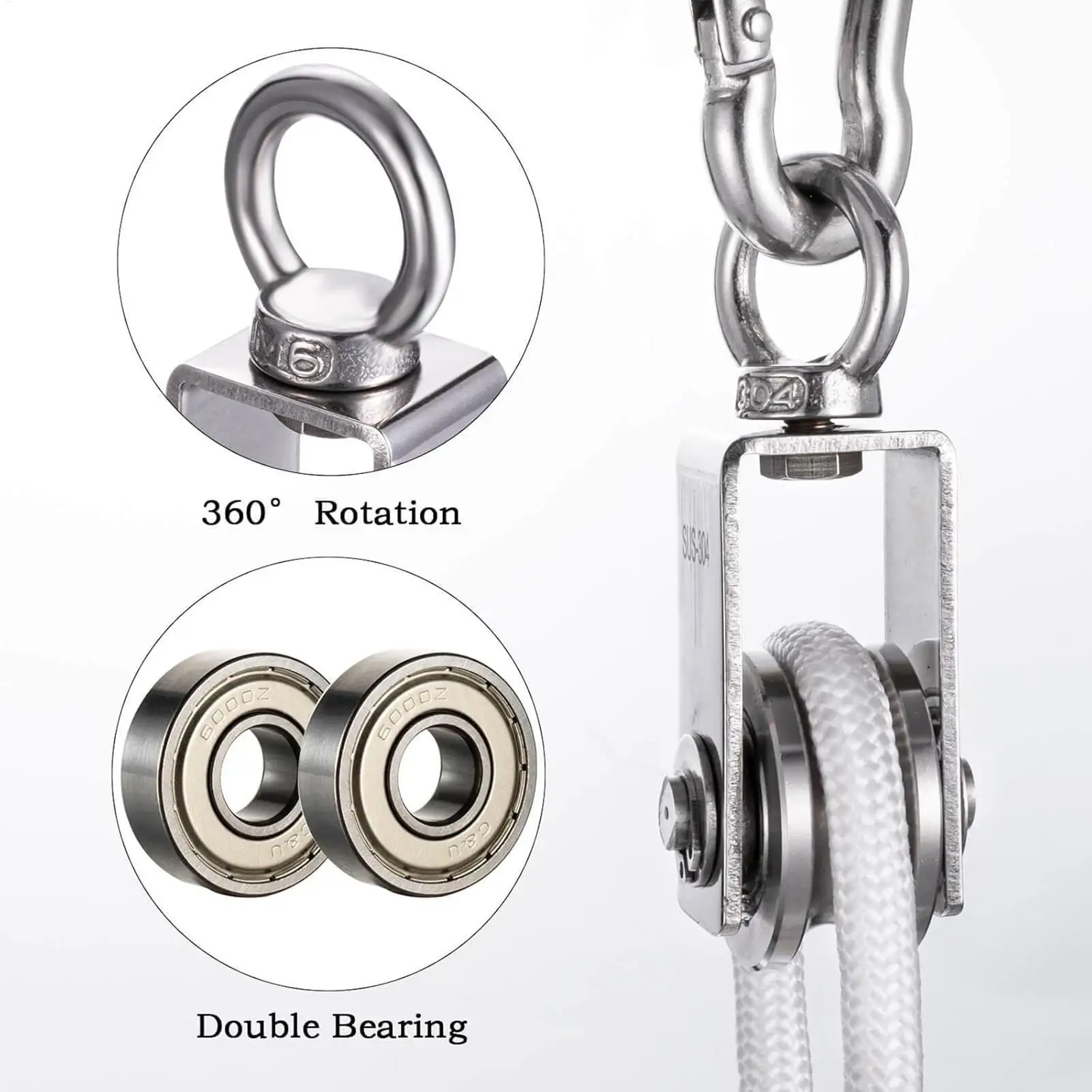 Cable Pulley Wheel Stainless Steel Heavy Duty with 32 FT Nylon Rope Swivel Single Pulley Wheel for Clothesline Gym Kayak Camping