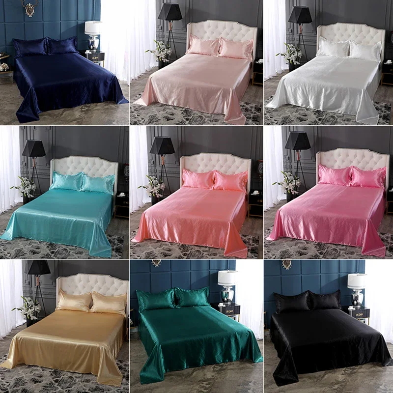 

New Satin Emulation Silk Bed Sheet Set Pillowcase Luxury Home Queen Size Bed Sheets Set Machine Washable Solid Color Single Bed