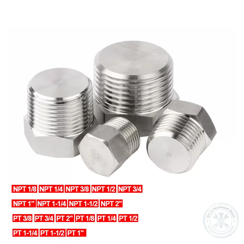 A2 304 Stainless Steel External Hex Pipe Plug NPT PT Taper Thread Oil Plug Stopper NPT1/8-NPT2 PT1/8-PT2 Hydraulic Water Seal