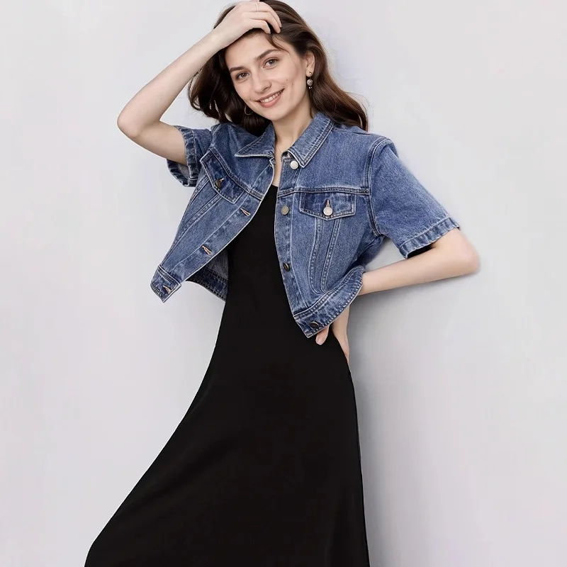 2026 Fashion Short-sleeves Denim Jacket Women Short Jean Coat Spring Summer Single-breasted Streetwear Loose Chaqueta Outerwear
