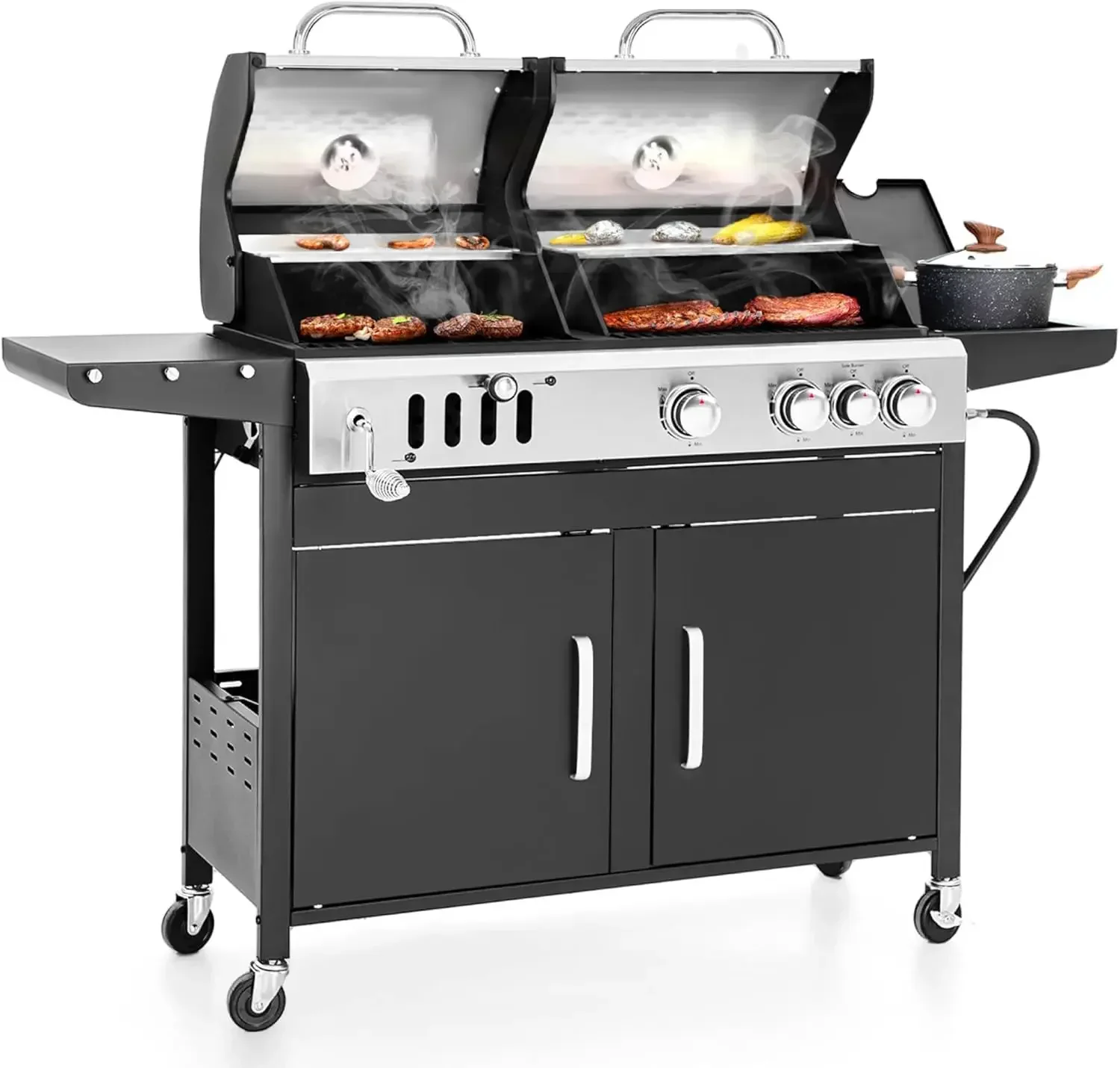 

Charcoal and Propane Gas Grill Combo with Side Burner & Porcelain-Enameled Cast Iron Grate, Dual Fuel BBQ Grill for Outdoor