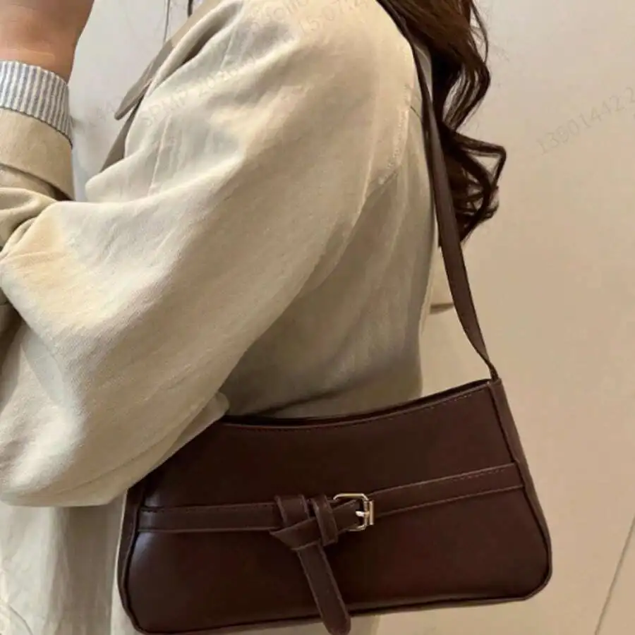

Brown Saddle Shape PU Leather Crossbody Bag With Belt Buckle Decoration For Women