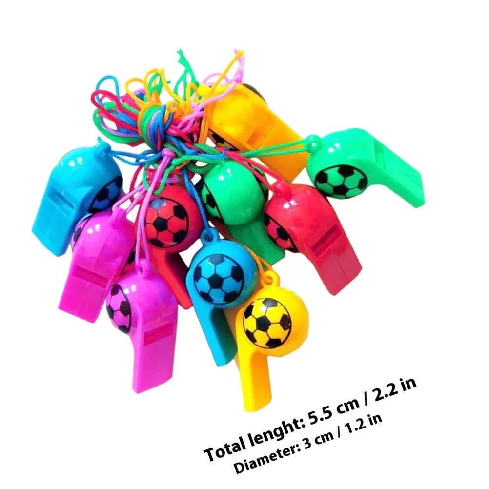 100 قطعة صفارات كرة القدم مشرق اللون البلاستيك الحبل صانع الضوضاء هدايا الحفلات موضوع الرياضة لوازم صفارات مع الحبل #6
