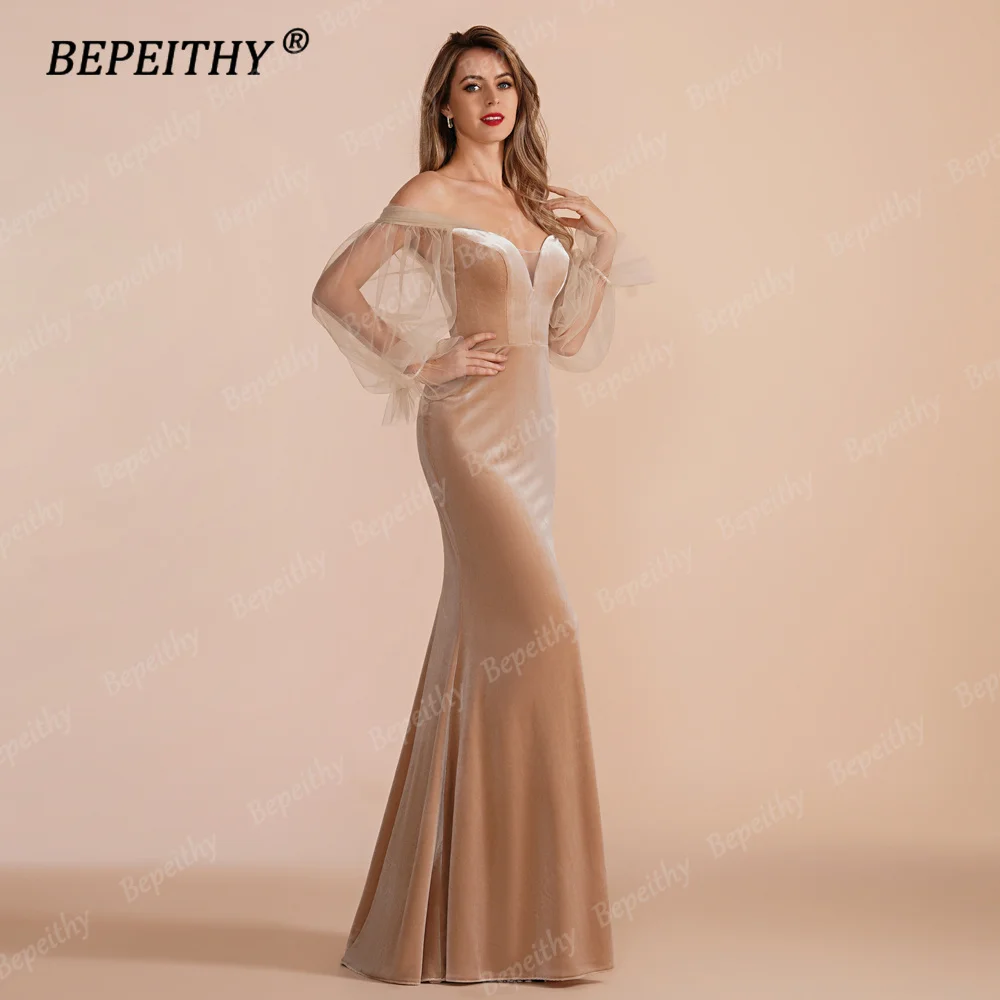 BEPEITHY Customized Mermaid Evening Dresses Formal Special Occasion Floor Length Women Off The Shoulder Puff Sleeves Prom Gown