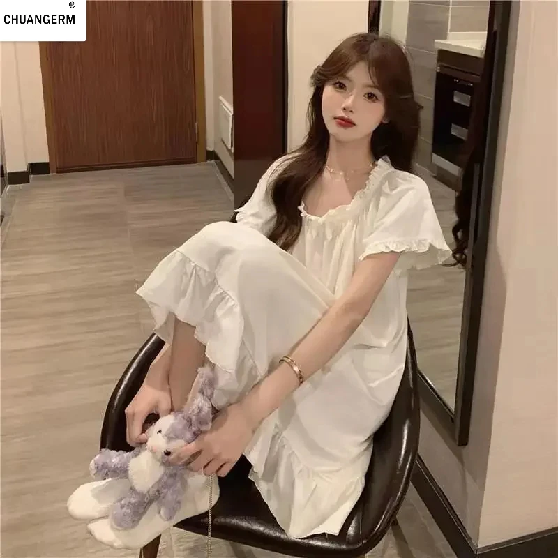 CHUANGERM Women's New White Mid Length Nightgown Summer Sexy Sleepwear Night Dress Home Clothes Pajamas For Sleeping