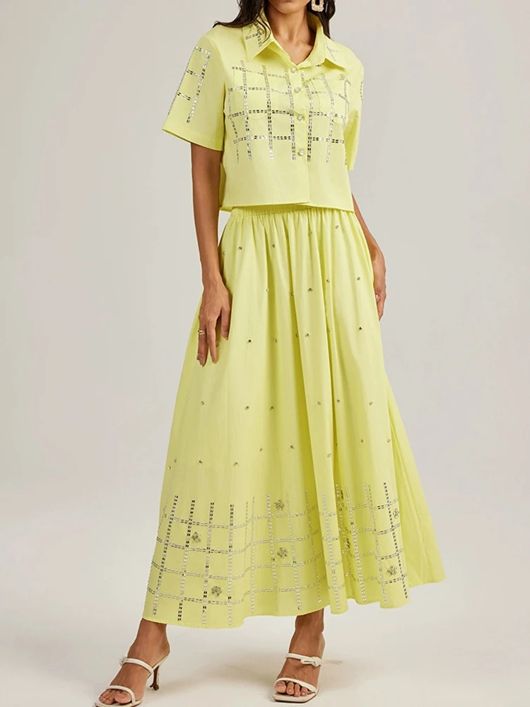

Retro lapel rhinestone single-breasted short-sleeved shirt summer new two-piece suit+elastic waist overskirt elegant women's sui