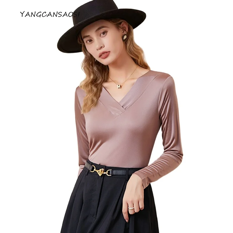 

2025 Women's Fashion New Style 23% Natural Mulberry Silk V-neck Long Sleeve Top Interior Warm Solid Color Bottoming Shirt