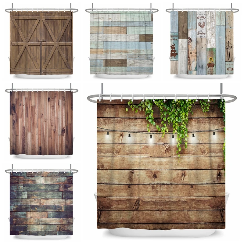 Country Style Wooden Planks Shower Curtain Art Pattern Bathtub Bathroom Curtain Waterproof 180x180cm Bathroom Curtain With Hooks