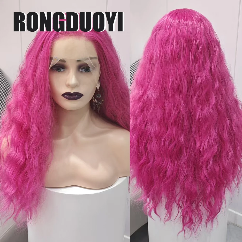 RONGDUOYI Rose Pink Loose Wave Synthetic Hair 13×4 Lace Part Heat Fiber Water Wavy Lace Front Wigs Women Makeup Use Pink Hair