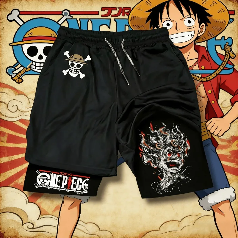 ONE PIECE Classic Anime Luffy Peripheral Printed Double-layer Shorts 2026 American Summer Men's Loose Sports Breathable Pants