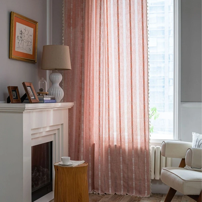 American Style Pink Striped Embroidered Tassel Finished Curtains Semi Shading Hollowed Out Kitchen Living Room Window Curtain