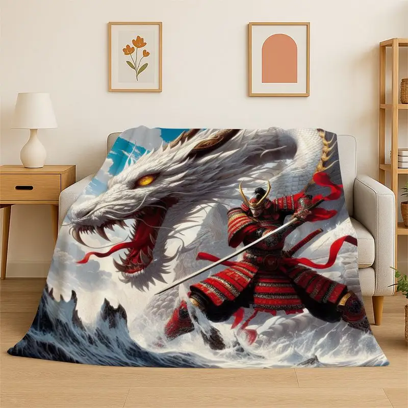 Japan Samurai Art Bushido Katana Cartoon Flannel Blanket Soft Throw Blanket for Bedroom Living Room Bed Travel Camping Nap Gift