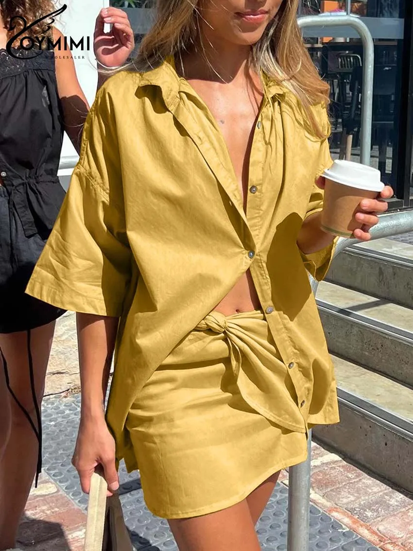 Oymimi Casual Yellow Loose 2 Piece Sets Women Outfit Fashion Half Sleeve Single Breasted Shirts And High Waist Mini Skirts Sets