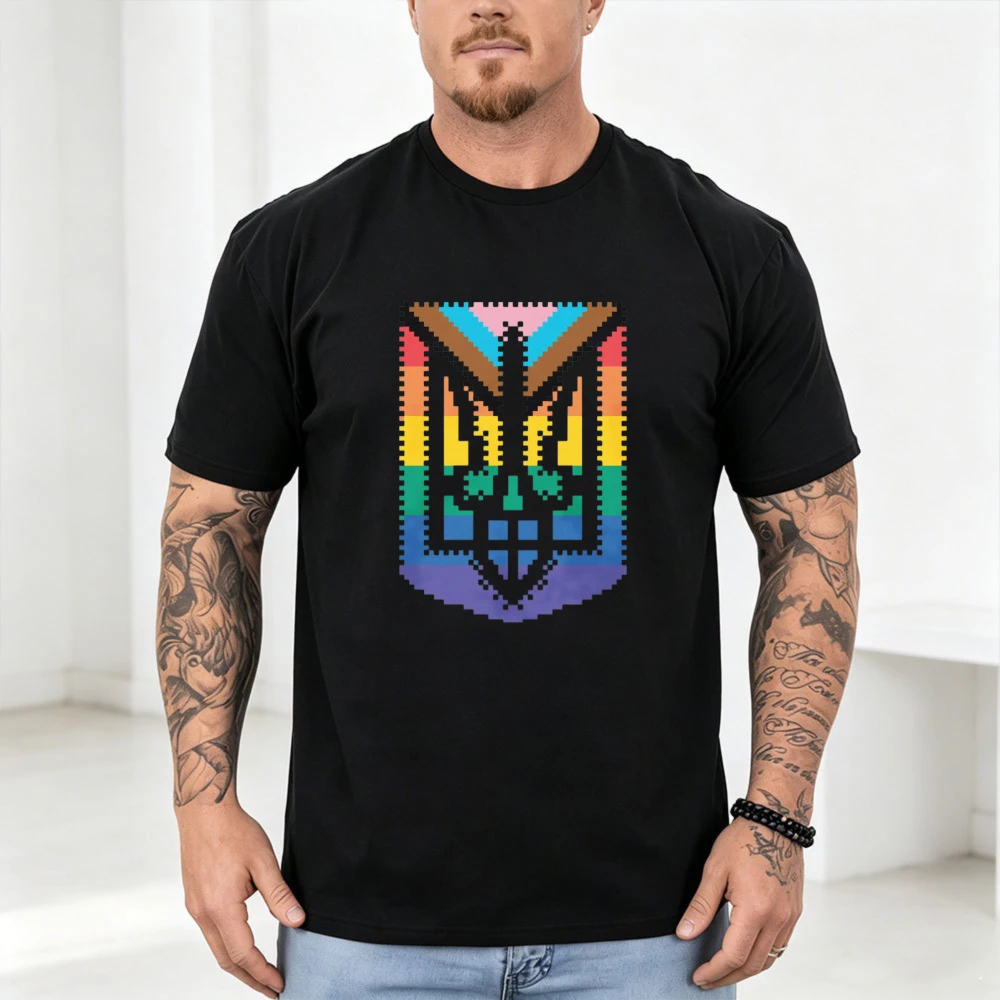 Ukraine Pride T-shirt Pixel Rainbow Tryzub Trident Coat Of Arms Cotton Tee Ukrainian LGBTQ Heritage Graphic Short Sleeve Tshirt