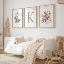 Watercolor Teddy Bear Rabbit Letters Nursery Wall Art Posters and Prints Canvas Paintings Mural Pictures for Baby and Kids Room
