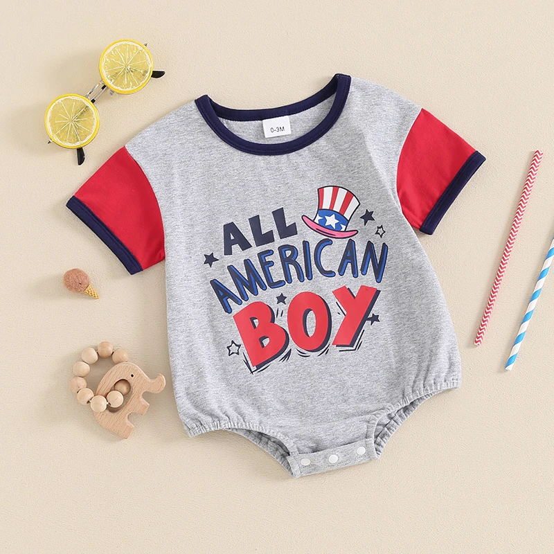 

Baby Boys Summer Patriotic Jumpsuit Casual Letter Print Short Sleeve Romper for Newborn Infant Cute Clothes