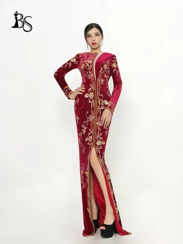 

Baisha Evening Dress Long Sleeve New Embroidery Split Noble Wedding Mom Dresses Velvet Skirt For Formal Occasions H1529