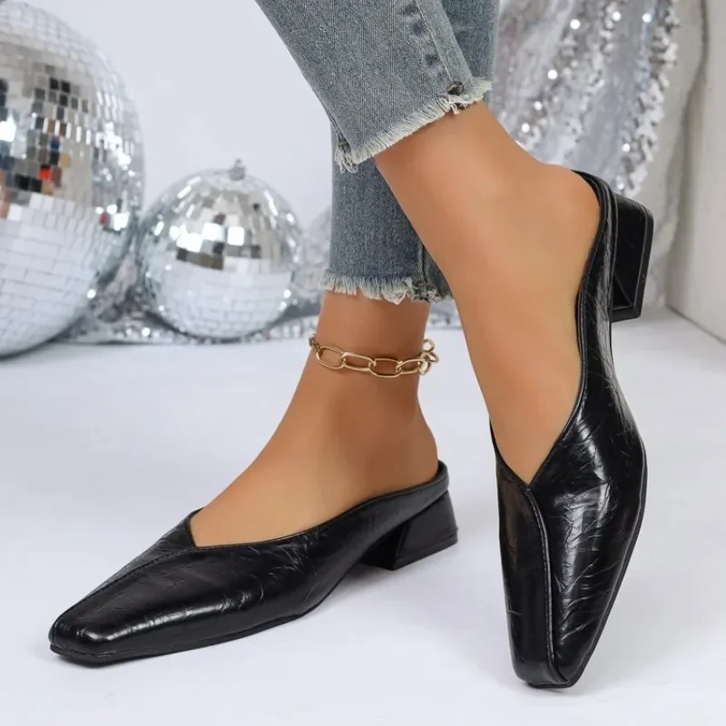 

New Women Flats Square Toe Buckle Strap Breathable Mules Leisure Slingbacks Chic Fashion Designer Shoes for Ladies Plus Siz 42