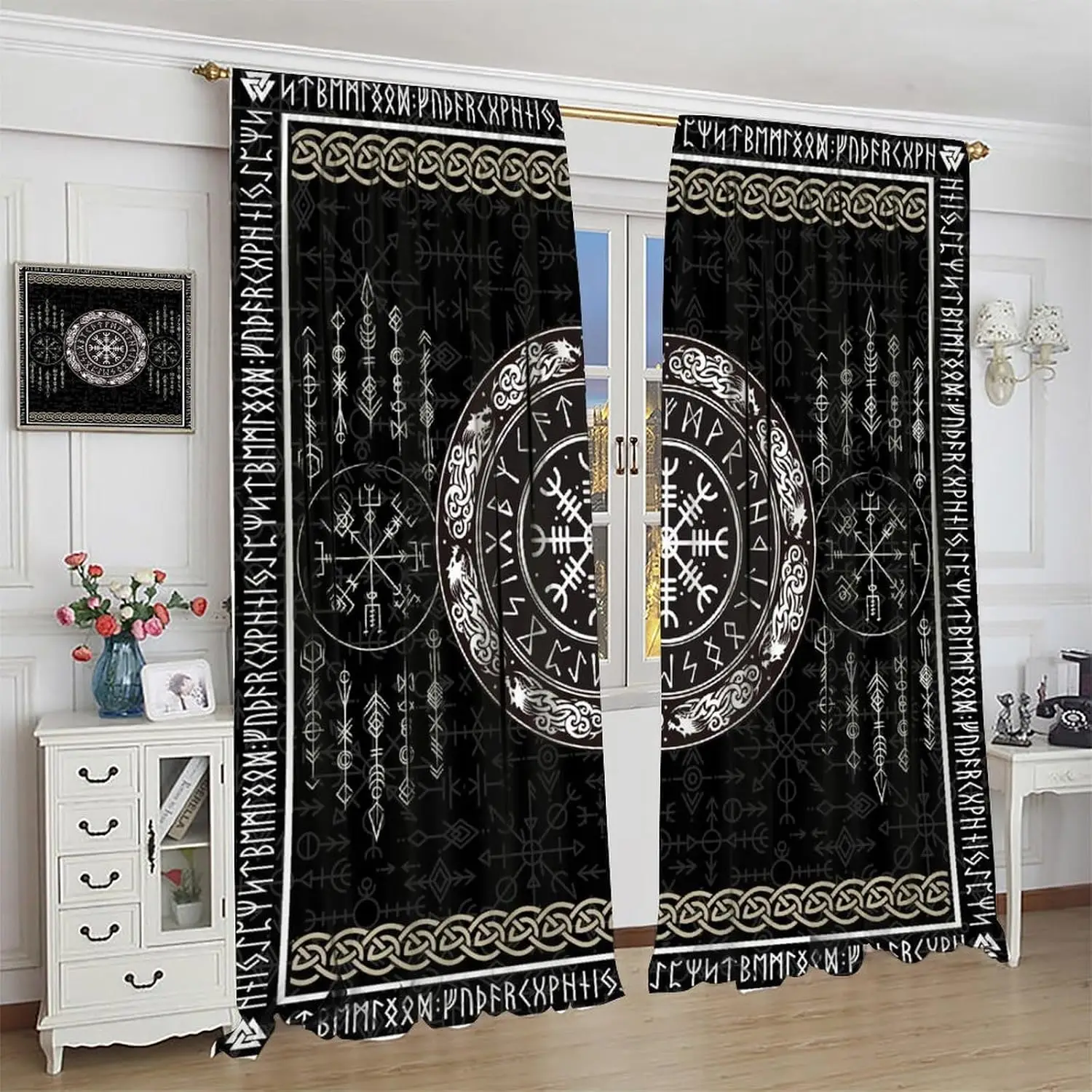 2pcs Viking Vegvisir Curtains Norse Rune Compass Window Drapes Celtic Dragon Axe Decor Living Room Bedroom