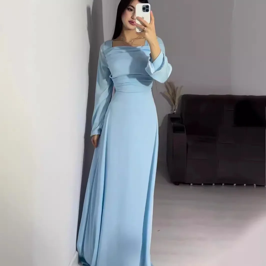 Solid Muslim Dress Women Long Sleeve Satin Diamond-encrusted Abaya Dubai Arabic Femme Elegance Abayas Turkey Islamic Clothing