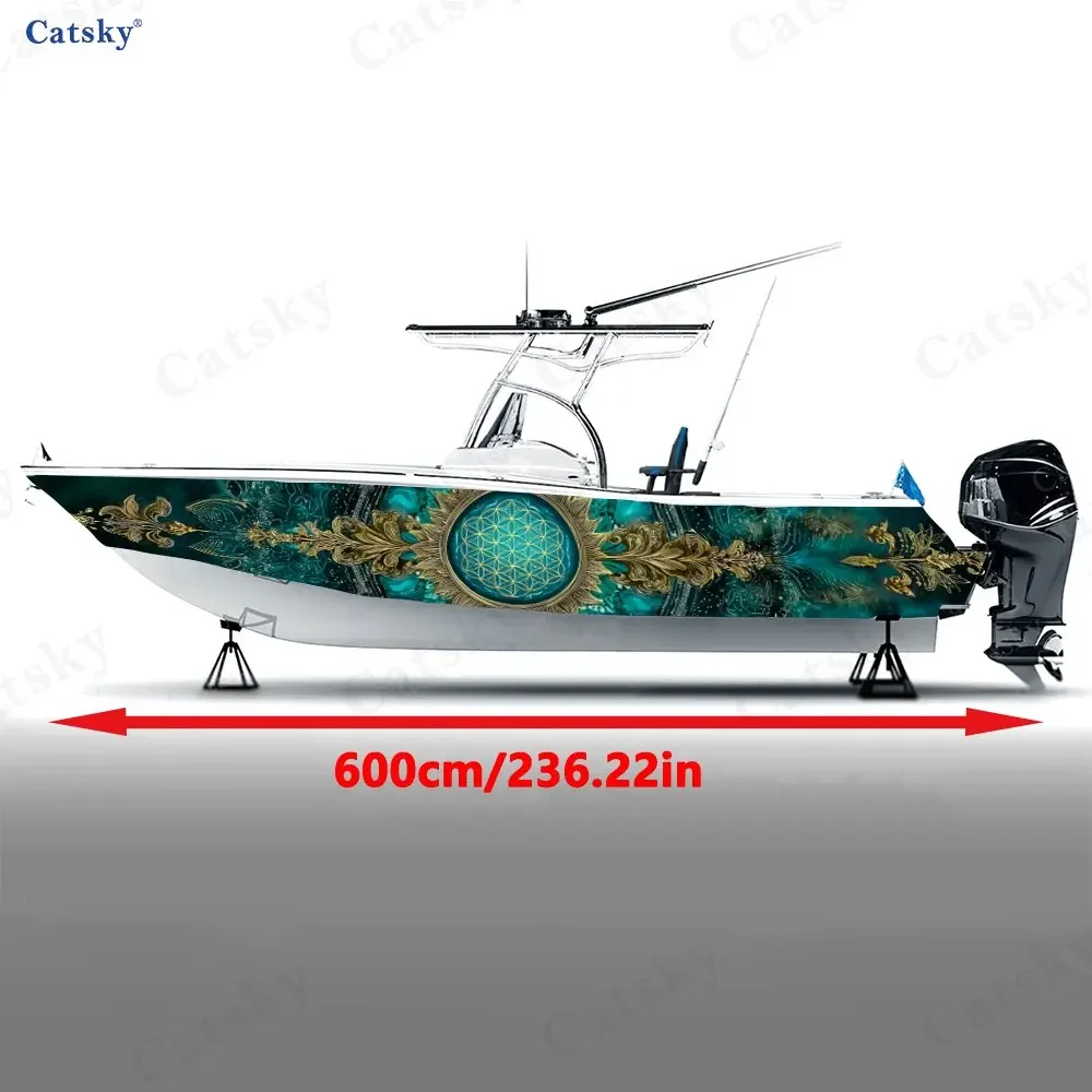 2Pcs Boat Vinyl Wrap Sticker, Sacred Geometry Turquoise Gold Pattern, High-Quality Weatherproof Vinyl, Ideal for Yachts Boats