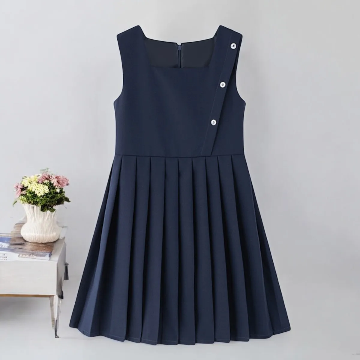 Summer School Uniform Girls Vest Dresses Navy Blue Baby Girl Preppy Outfits Teenagers Dress Sleeveless Children Costumes 4-14 Y