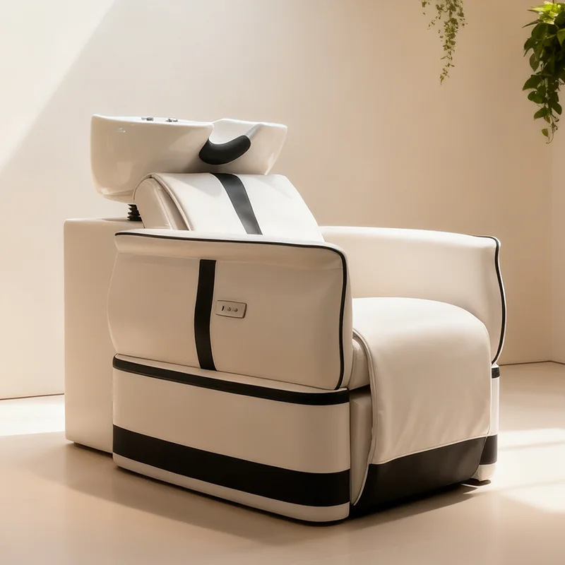 Luxury Barbershop Electric Adjustable Head Treatment Spa Washing Chair Modern White Ceramic Basin Massage Shampoo Chair