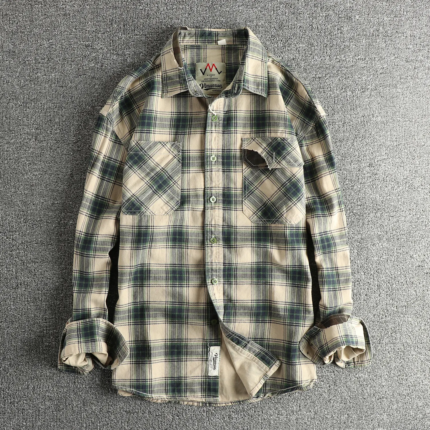 Trendy men's spring and autumn washed casual workwear checked shirt men's long-sleeved shirt