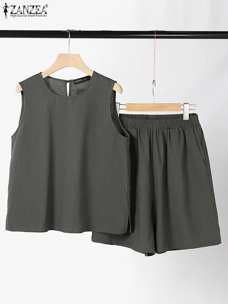 ZANZEA-Tops sem mangas e shorts para mulheres, calças grandes, calças casuais, roupas elegantes, traje de treino de trabalho, verão, 2 peças, 2024