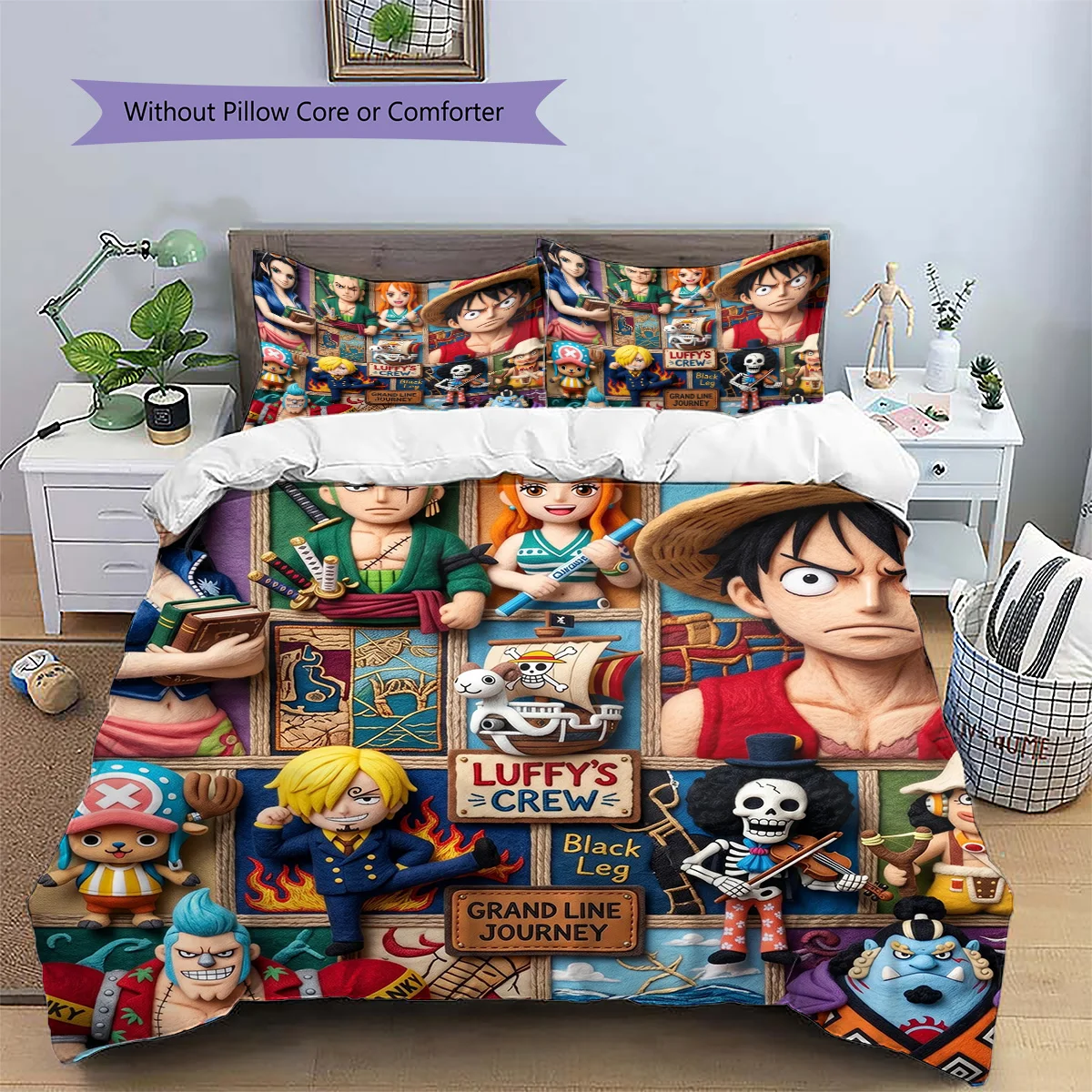 One Piece Patterned Pillowcase & Duvet Cover Set 3-Piece Anime Bedding Decor for Bedroom Excellent Gift for Fans YUN6516