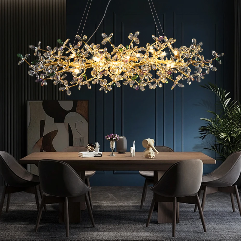 

Crystal Ceiling Chandelier For Dining Room Kitchen Table Bedroom Luxury Gold Flower Crystal Hanging Chandeleirs Pendant Lights
