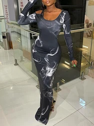 Women's long sleeved dress with printed round neck slim fit mid length dress, mesh printed dress