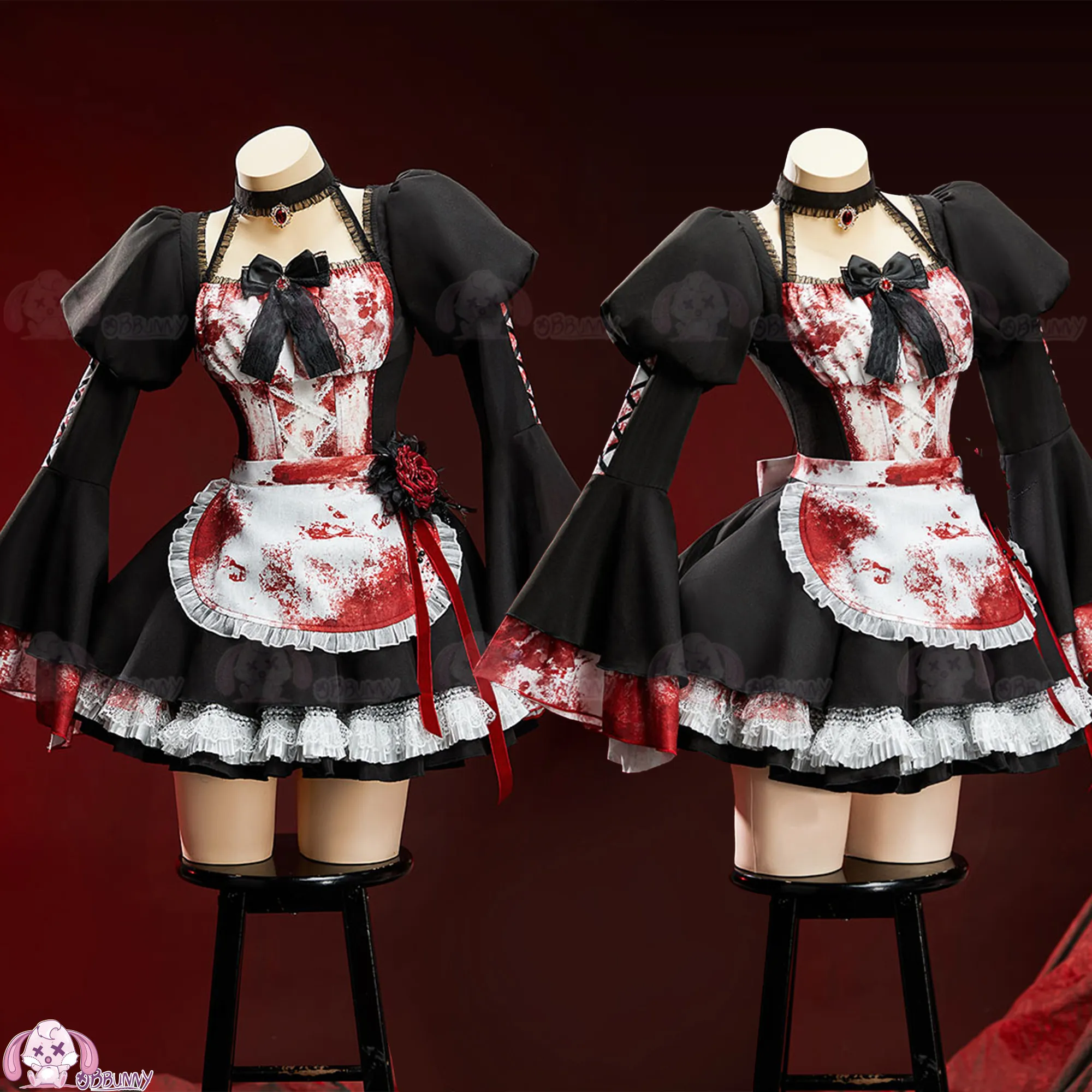 Original Gothic Lolita Maid Dress Halloween Cosplay Costume Bloody Print Black Red Outfit for Women