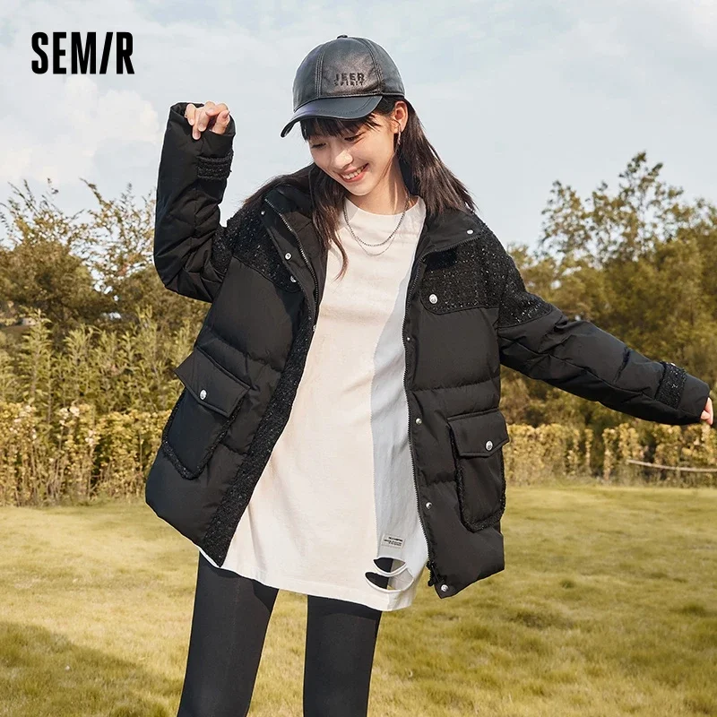 Semir Down Jacket Women Loose Stand-Up Collar Small Fragrant Style Elegant Splicing 2023 Winter New Mature Fashionable Thick Coa