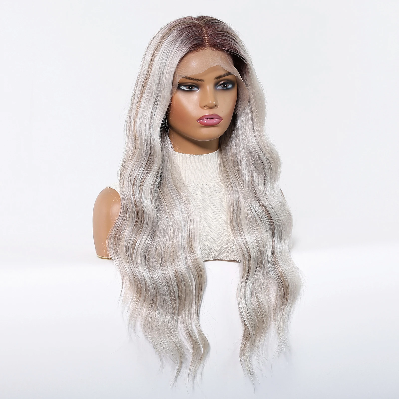 

26-дюймовый парик с кружевной передней частью для женщин, дымчато-серый омбре, 180% плотность, длинные волнистые волосы, термостойкие синтетические волосы, натуральный вид