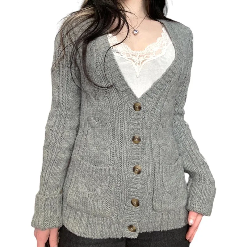 

Women Knitted Cardigan Sweaters Solid Jumpers Cable Knit Pocket V Neck Long Sleeves Single Breasted Slim Fit Casual 2025 Autumn