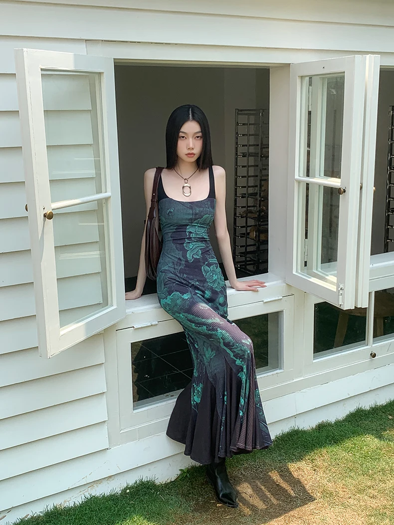 Cheerart Mermaid Tank Dress Summer Long Green Party Night Backless Maxi Floral Dress Party Evening Elegant Luxury Celebrity 2023