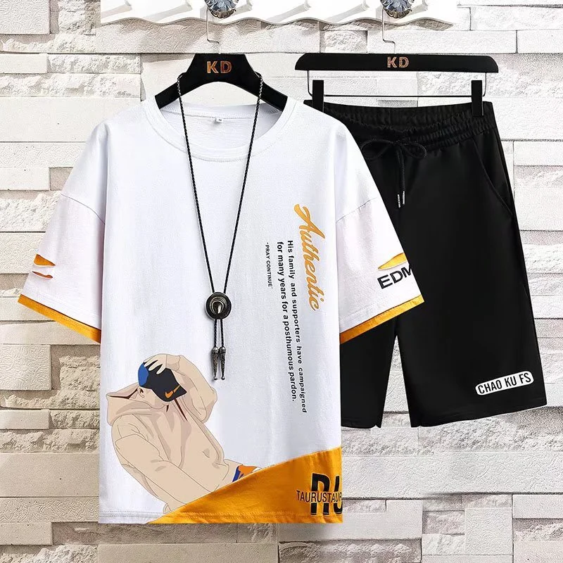 Summer Casual Short Sleeved Set Trendy Loose Five Inch T-shirt Plus Size Men's Outfit Complete Set with Matching