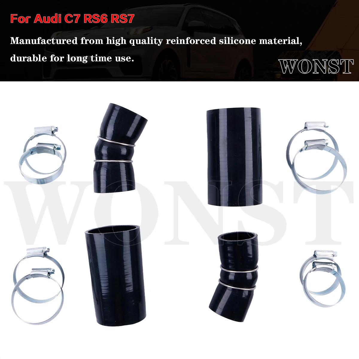 

4pcs Black For Audi C7 RS6 RS7 Silicone Intake Inlet Induction Hose Pipe Tube Kit to Chargecooler