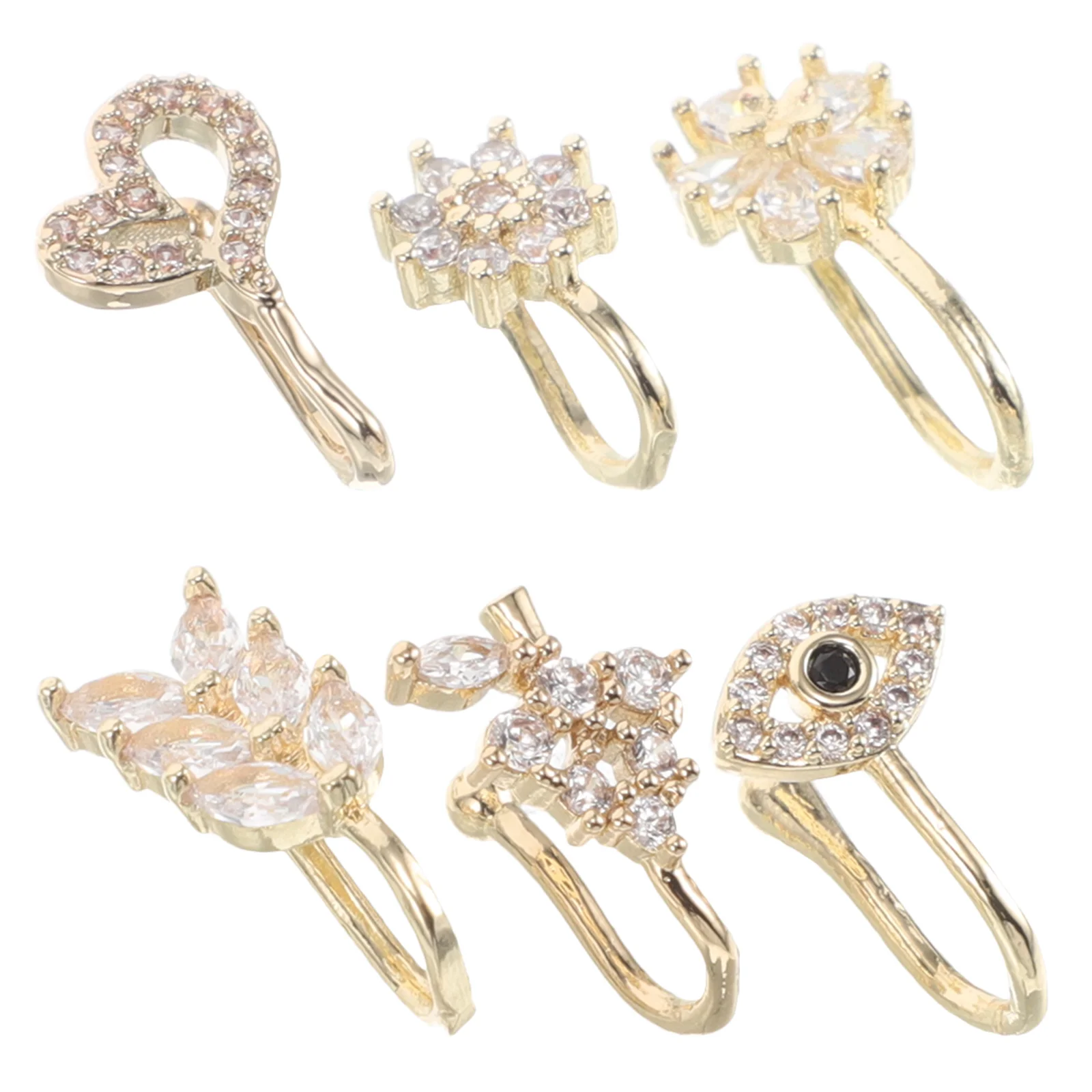 6Pcs Adjustable Nose Clips Non Piercing U Shaped Clip on Nose Rings for Women and Men Leaf Flower Eye Design Fake Cuff Stylish