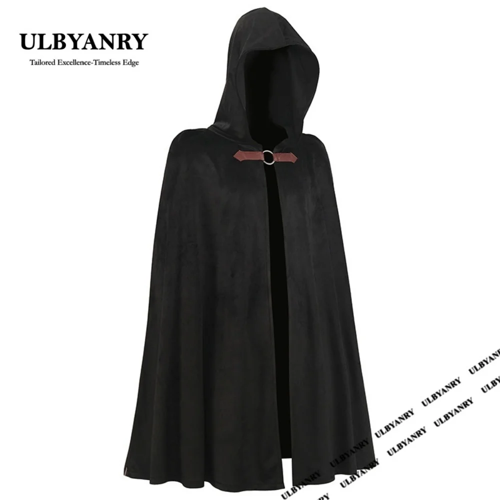 Men's Hooded Cloak for Halloween Vintage European Medieval shawl Solid Ranger Robe Performance Costume