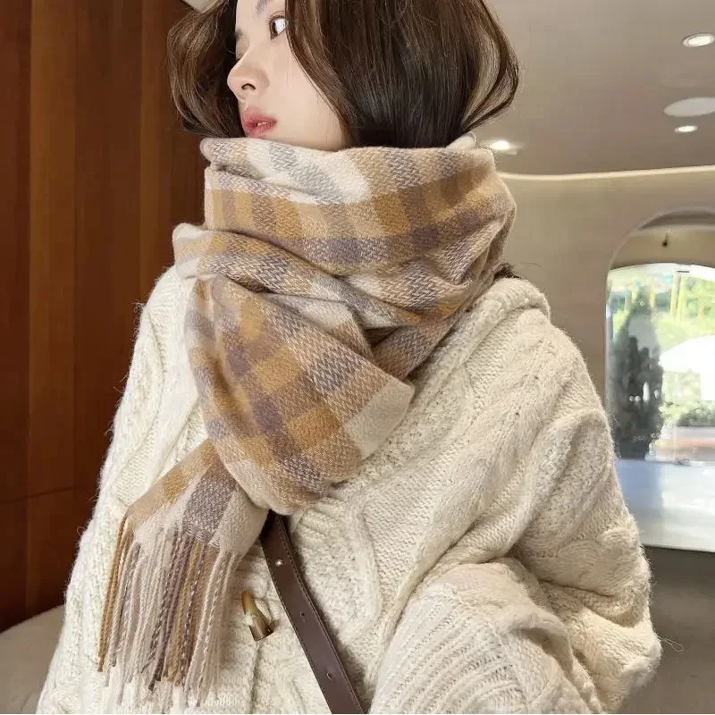 

Women Medium-length Thickened Scarf Korean Sweet Warm Imitation Cashmere Scarfs Female Plaid Shawl Wraps High-level Soft Tassel