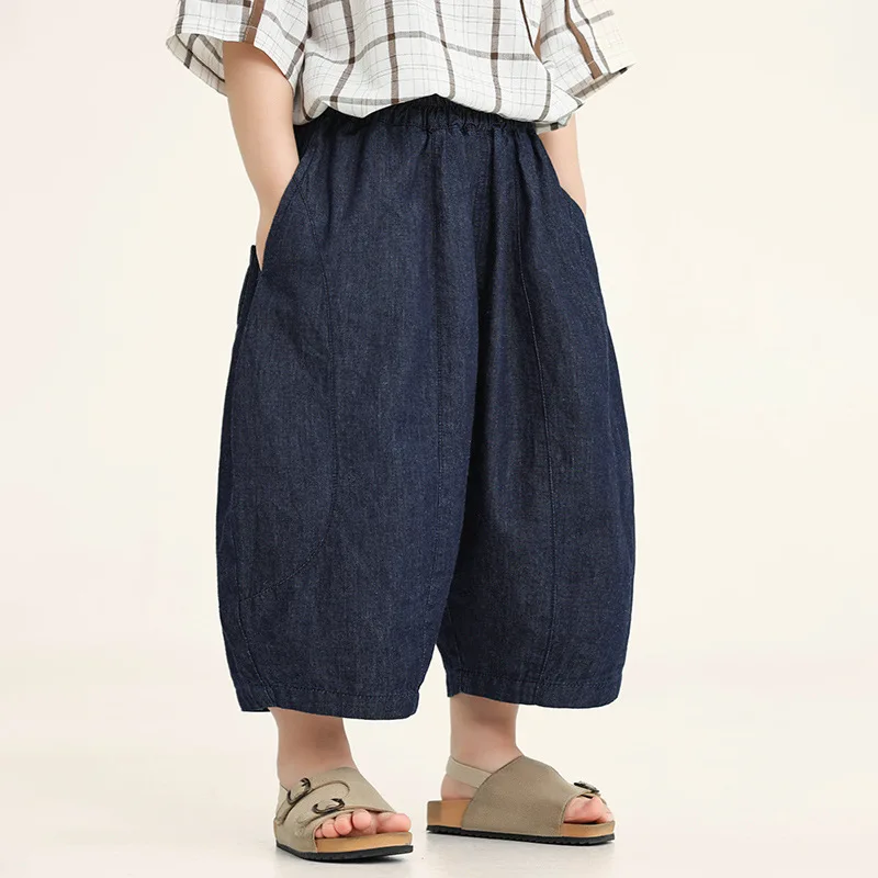 2026 New Summer Boys Denim Pants Thin Kids Bloomers Casual Harem Pants Loose Nine Points Trousers for Little Children Daily Wear