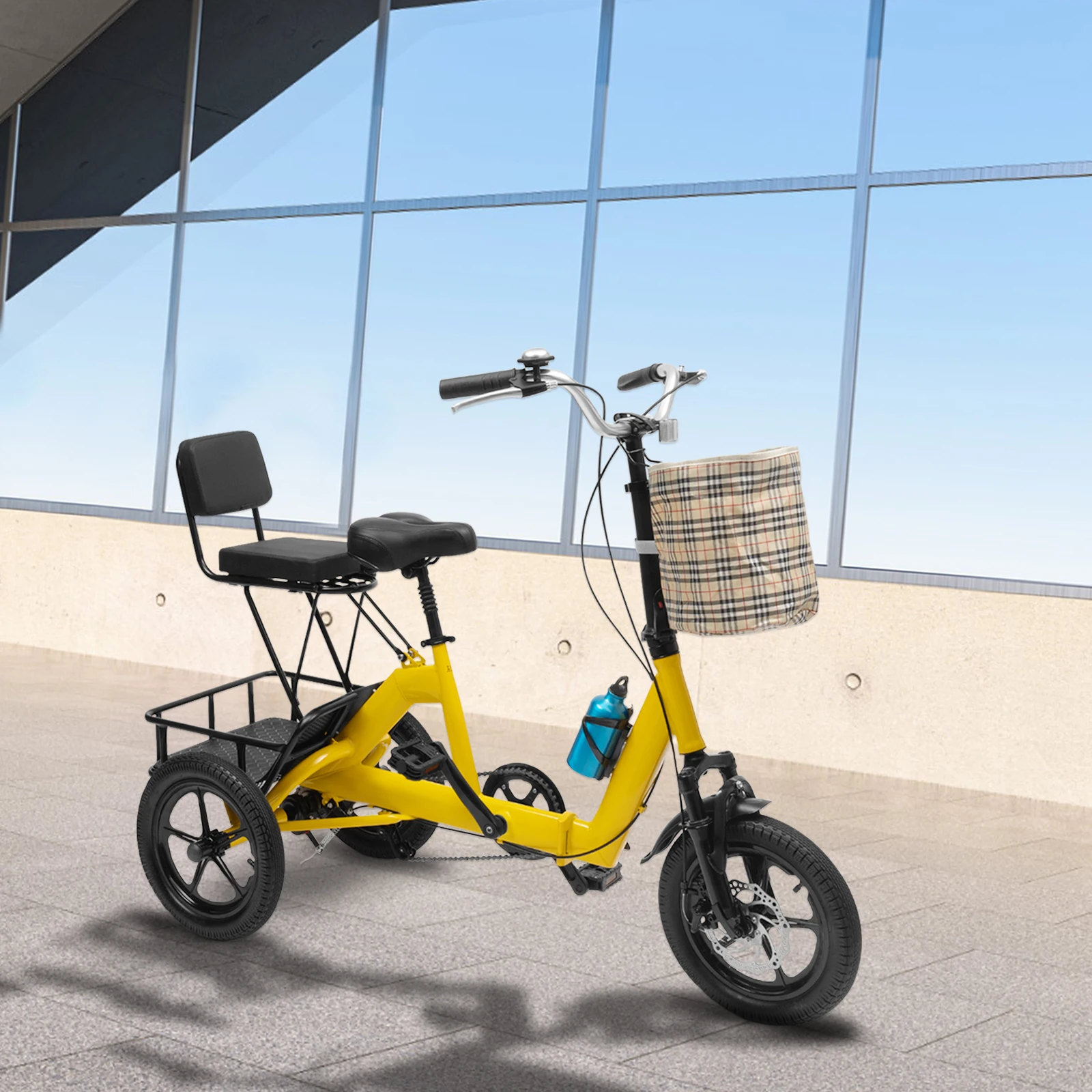 Yellow 14-inch Folding Tricycle with Pedals and Reflectors for Entertainment Shopping or Exercise