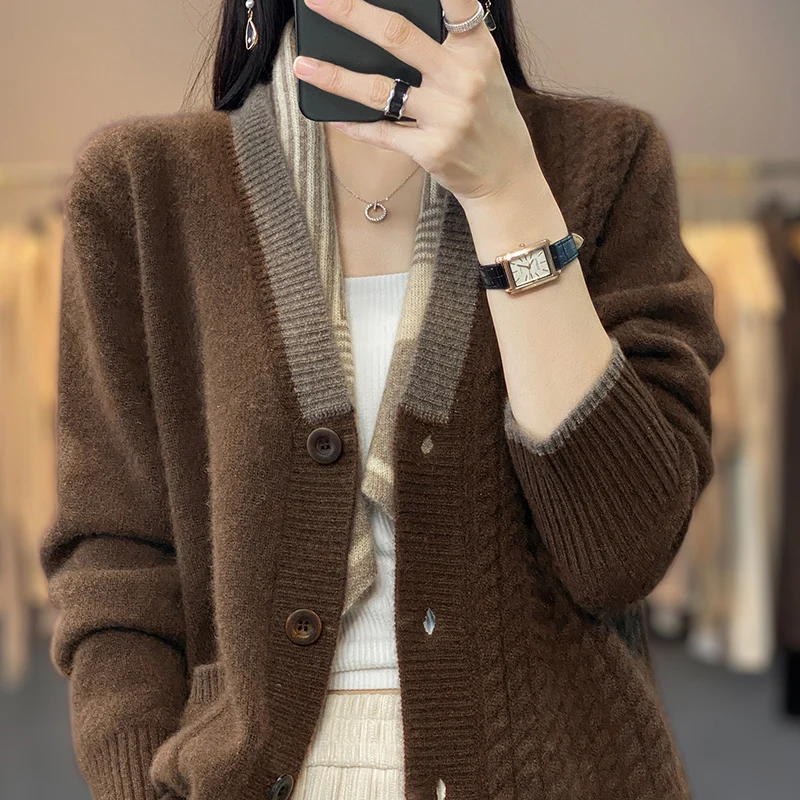 Korean V-Neck 100% Pure Wool Knitted Cardigan Jacket Women\'s 2023 Autumn Winter New Loose Thicken Warm Cashmere Sweater Coat Top